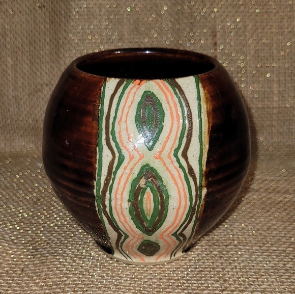 Handmade Other - Handmade Art Deco Pottery Vase Planter‎ Cachepot Brown w Green & Orange Design